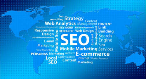 SEO - Suchmaschinenoptimierung: Verschiedene Schlagwörter wie Mobile Marketing, E-Commerce und Link Building