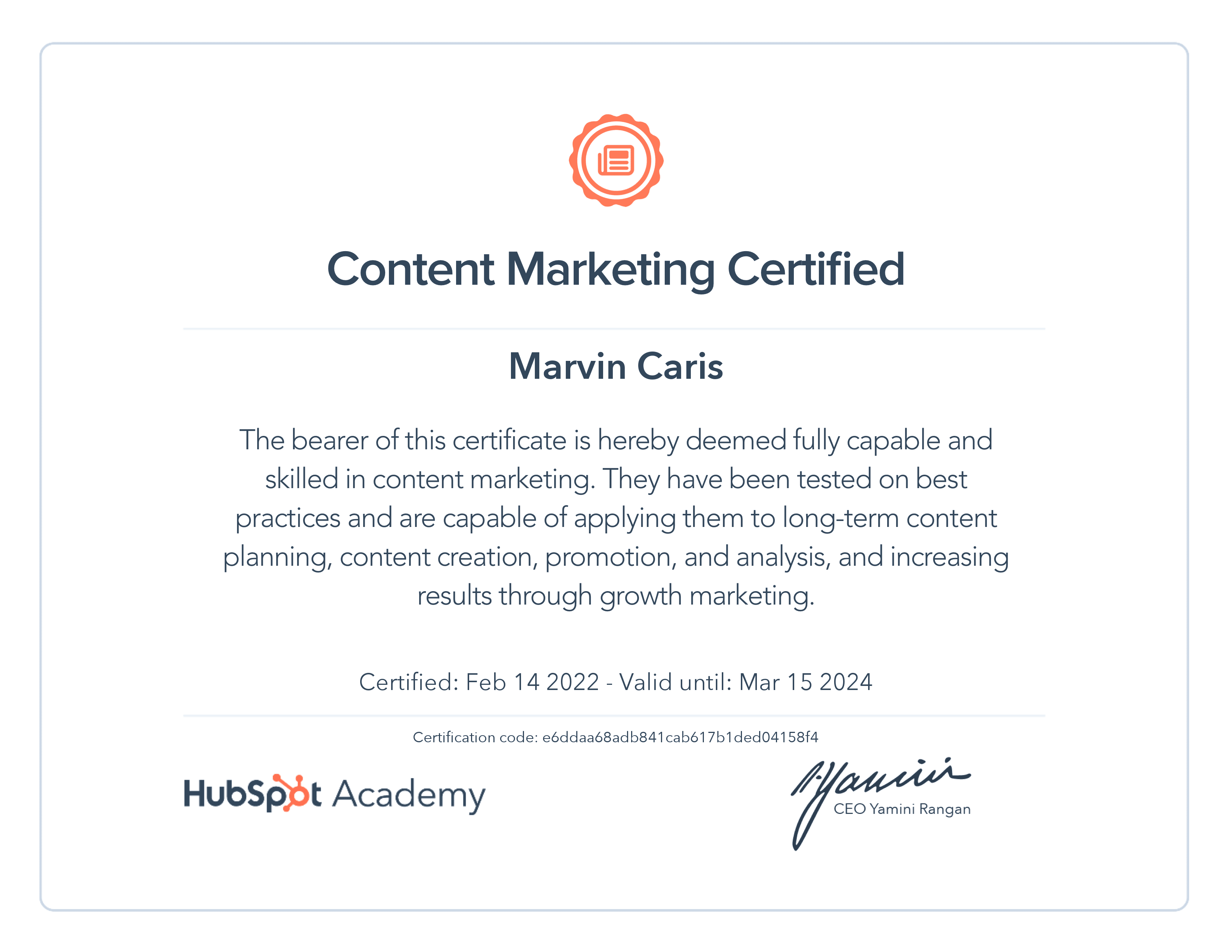 Zertifikat von der Hubspot Academy für Content Marketing