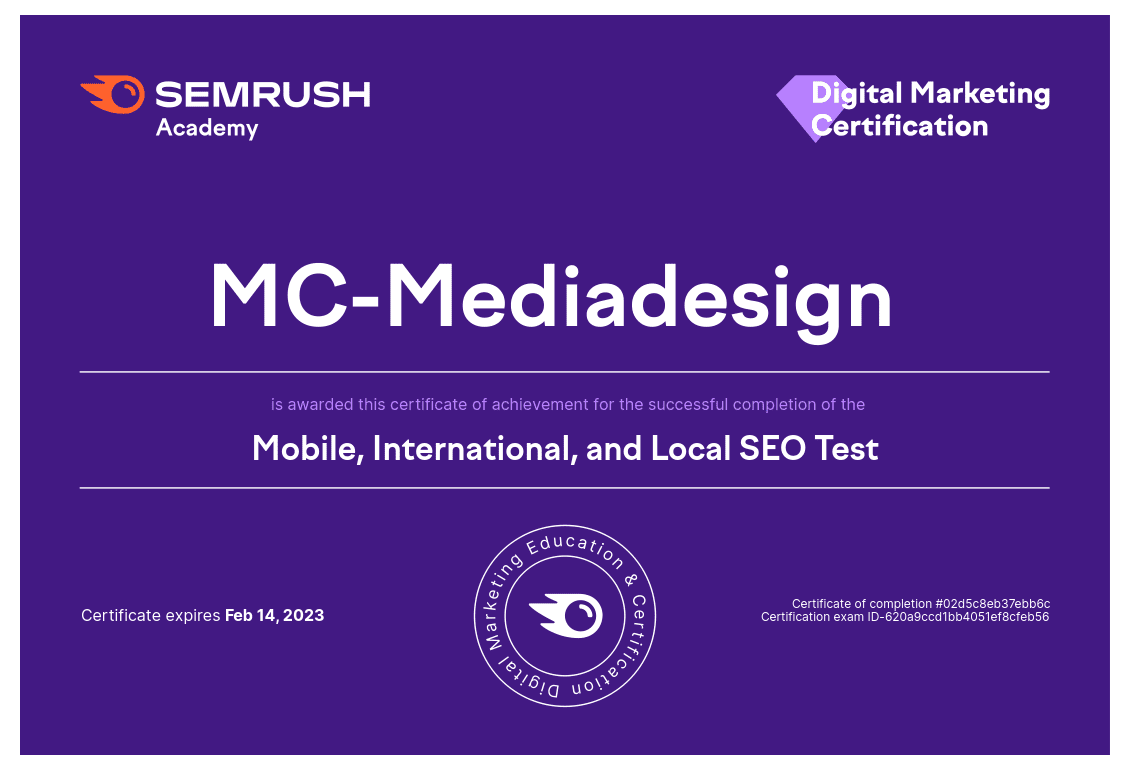 Zertifikat von SEMrush für Mobile, International and Local SEO