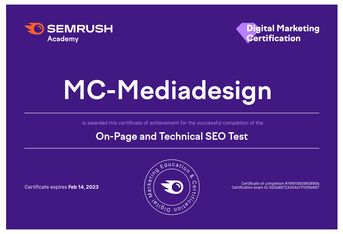 Zertifikat von SEMrush für On-Page and Technical SEO